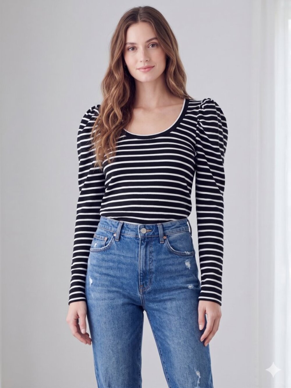 English Factory Black White Striped Puff Sleeve Knit Top Crew Neck Size Medium